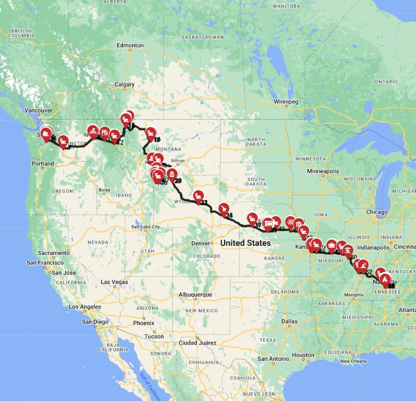 USA Seattle to Nashville RV trip route planner motorhome trip